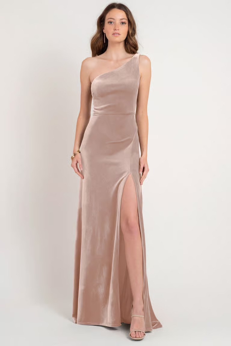 Nwt Jenny Yoo Cybill Dress Bhldn Prosecco Velvet 16 One Shoulder Side Slit